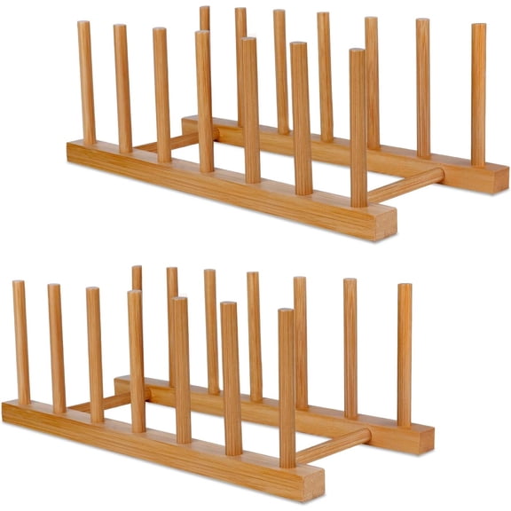 UYWZQ-SAMEBUTECO Bamboo Wooden Dish Racks Plate Stand Holder Vertical Drainer Kitchen Cabinet Organizer for Dish, Pots, Lids, Bowls, Cups, and Cutting Boards and Books(2 Packs)