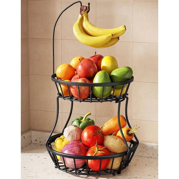 UYWZQ-SAYZH 2-Tier Fruit Basket Bowl Stackable Vegetable Storage with Banana Tree Hanger Stand for Kitchen Countertop, Metal Wire Basket for Bread Onions Potatoes Black