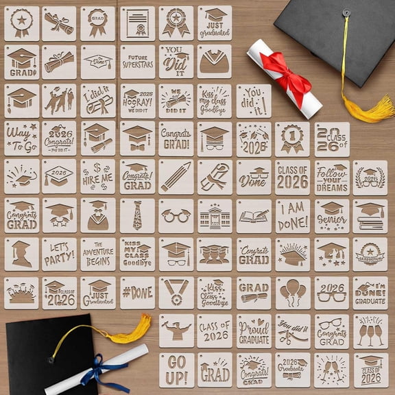 UYWZQ-Teling 80 Pcs Graduation Cookie Stencils 3 x 3 Inches 2026 Stencil Template Plastic Graduation Stencils for Cookies Cakes Drawing and Lettering Aids for Painting Party DIY