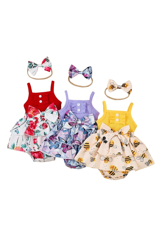 Baby Girl Outfits 9-12 Months Ropa Para Bebe NiñA Infant Girls Butterfly Print Tiered Romper Hair Accessory Set(Red,0-3 Months)