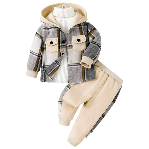 UYYX Boy Outfits 4T Boys Clothes Toddler Baby Boys Clothes Cotton Lattice Button Down Hooded Tops  Pants Boys Fall Winter Outfits