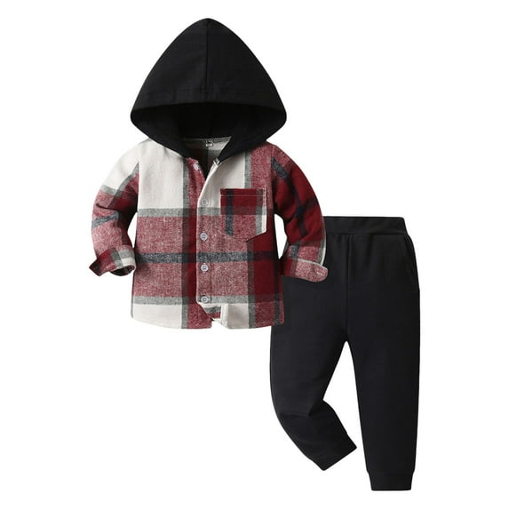 UYYX Boys Outfits Toddler Boy Outfits 3T Toddler Boy Clothes Plaid Hooded Shirt - 2 Piece Outfit: Button Front Toddler Hoodie & Sweatpants Set