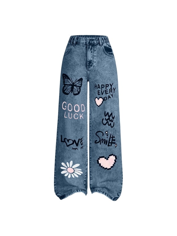 Clothes For Girls Girls Wide‑Leg Denim Pants Mixed Graffiti Letter Butterfly Print Elastic Waist Loose Jeans for Spring Autumn(Blue,5-6 Years)