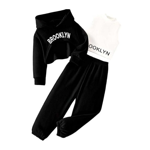 UYYX Clothes For Teen Girls Little Girls Weekend Trip 3 Piece Layering Suit Graphic Cropped Hood Solid Elastic Cuff Joggers(4-5 Years,Black)