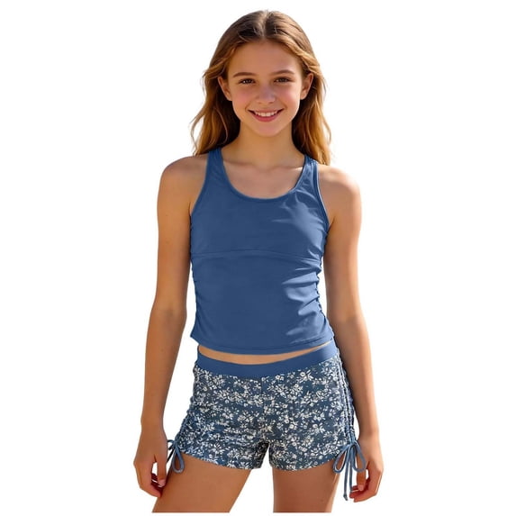UYYX Girls Bathing Suits Size 14-16 Girls' Summer Swimwear Two Piece Boyshort Tankini Kids Swimsuit(Light Blue,11-12 Years)