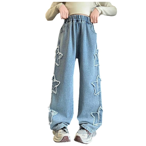 UYYX Kids Clothes Girls Girls Elastic Waist Wide Leg Denim Jeans Frayed Star Patch Loose Breathable Pants for Spring Fall(Light Blue,13 Years)