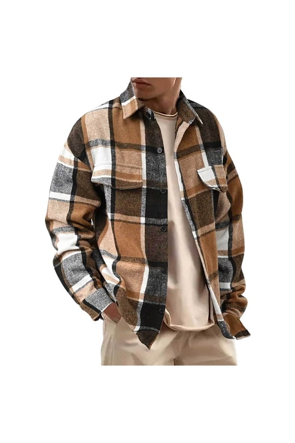Mens Flannel Shirt Brown Button Up Shirt Men Mens Flannel Shirts Long Sleeve Lightweight Plaid Shirt Casual Button Down Shirts Jacket L