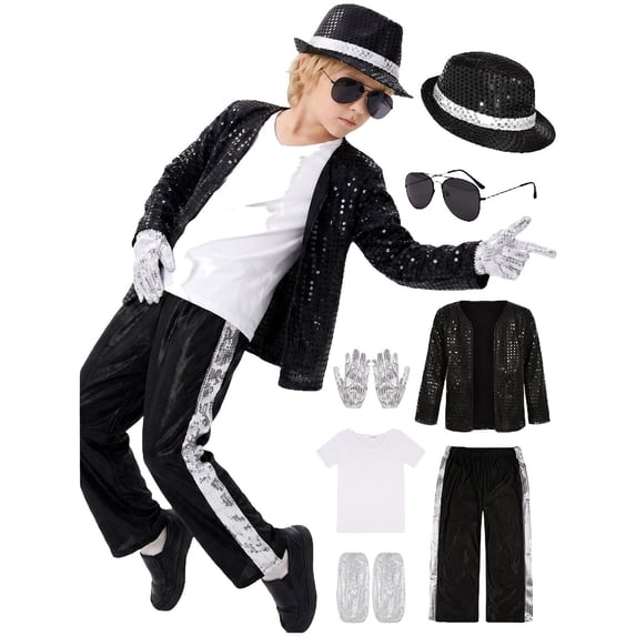 UYYX Outfits For Boys Boys' 80s Style Performance Costume Set Sequin Jacket Pants with Accessories(10-12 Years,Black)