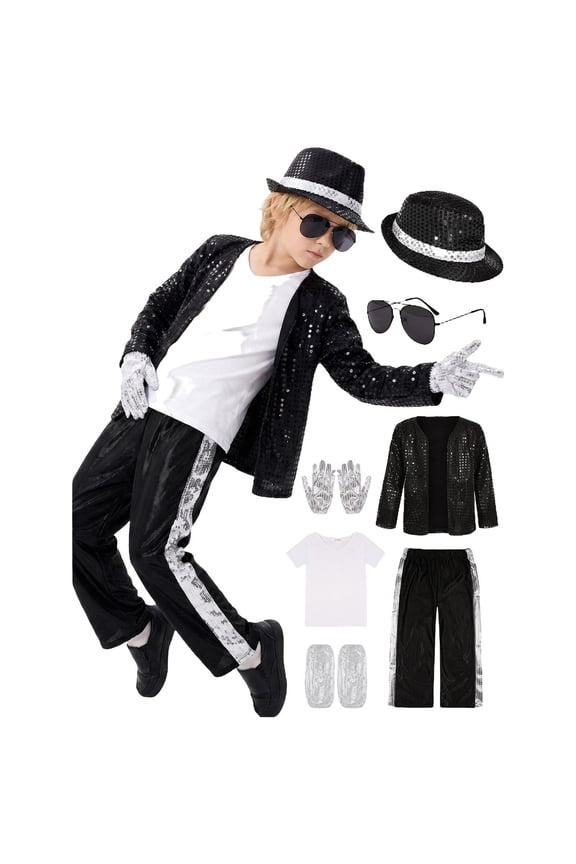 Outfits For Boys Boys' Retro Style Stage Outfit Set Sequin Pants with All Accessories(10-12 Years,Black)