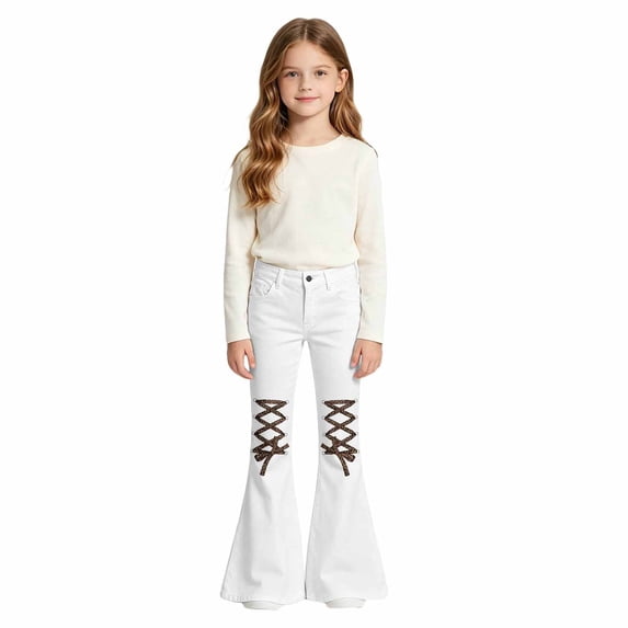 UYYX Pants For Girls Youth Girls Retro Lace Up Cutout Bell Bottom Jeans High Waist Summer Streetwear Pants(White,13-14 Years)