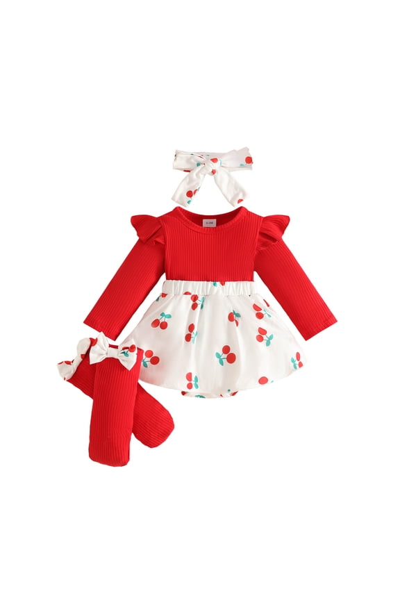Ropa De Bebe NiñA Baby Girls Flutter Sleeve Cherry Print Ribbed Skirt Romper Set Long Sleeve Spring Newborn Daily(3-6 Months,Red)