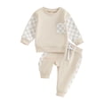 thumbnail image 1 of UYYX Toddler Boy Checkerboard Patch Sleeve Crew Sweatshirt Drawstring Jogger Pants 2Pcs Soft Spring Outfit (6-12 Months), 1 of 5