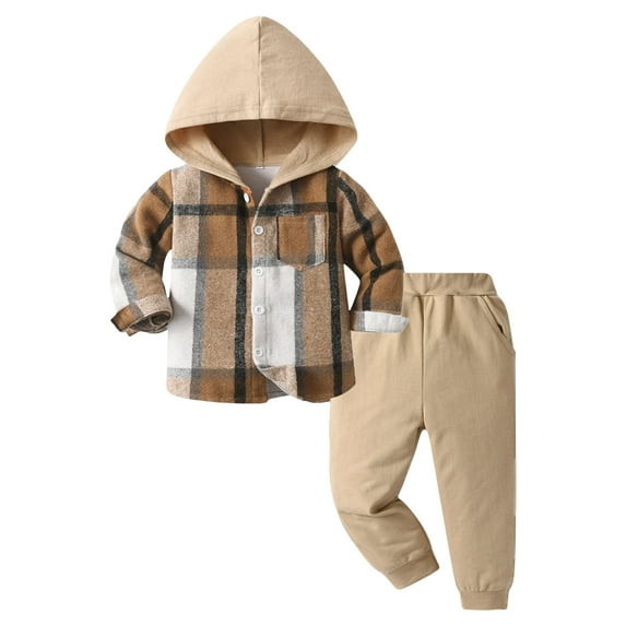 UYYX Toddler Clothes For Boys 4T Boys Clothes Toddler Baby Boys Clothes Cotton Lattice Button Down Hooded Tops +Pants Boys Fall Winter Outfits