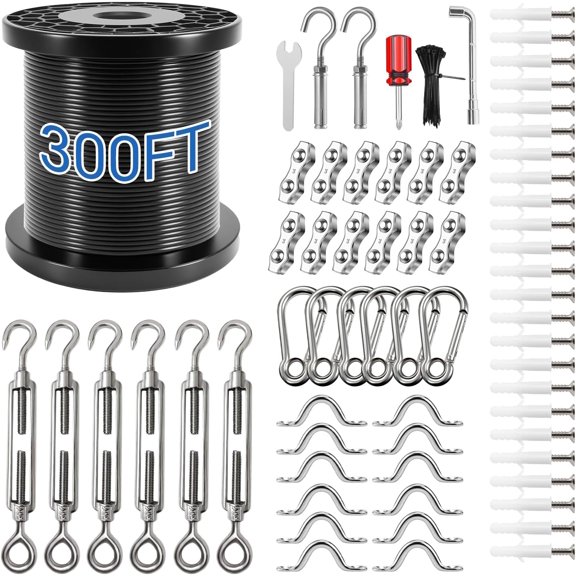 UZE String Light Hanging Kit with 300 FT Nylon-Coated Stainless Steel Wire Rope Cable and Comprehensive Range of Accessories,Globe String Light Suspension Kit for Outdoor Decor