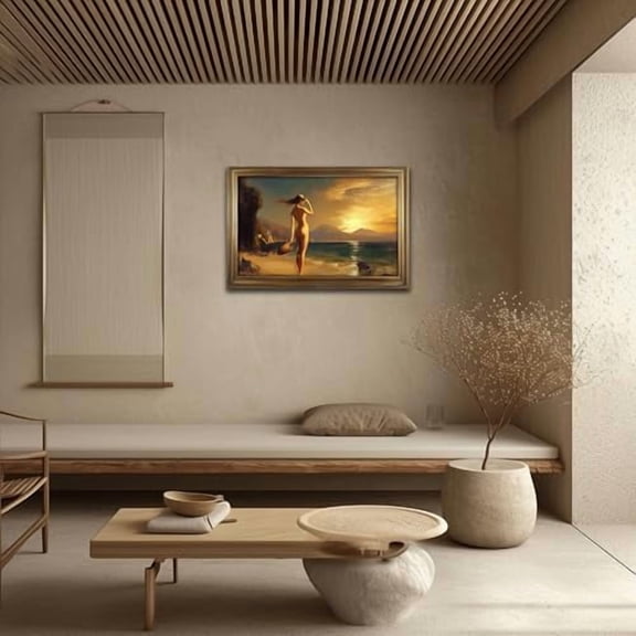 UZMKM Vintage French Country Wall Art Decor, Beautiful Girl Stand Beach Picture, Retro French Lady Woman Canvas Wall Art, Rustic Farmhouse Landscape Painting with Wrapped Framed Ar