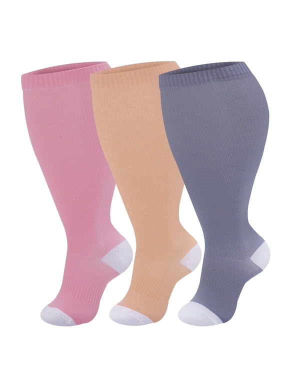 3 Pack Plus Size Compression Socks for Women & Men, Extra Wide Calf Compression Socks Knee High Stockings