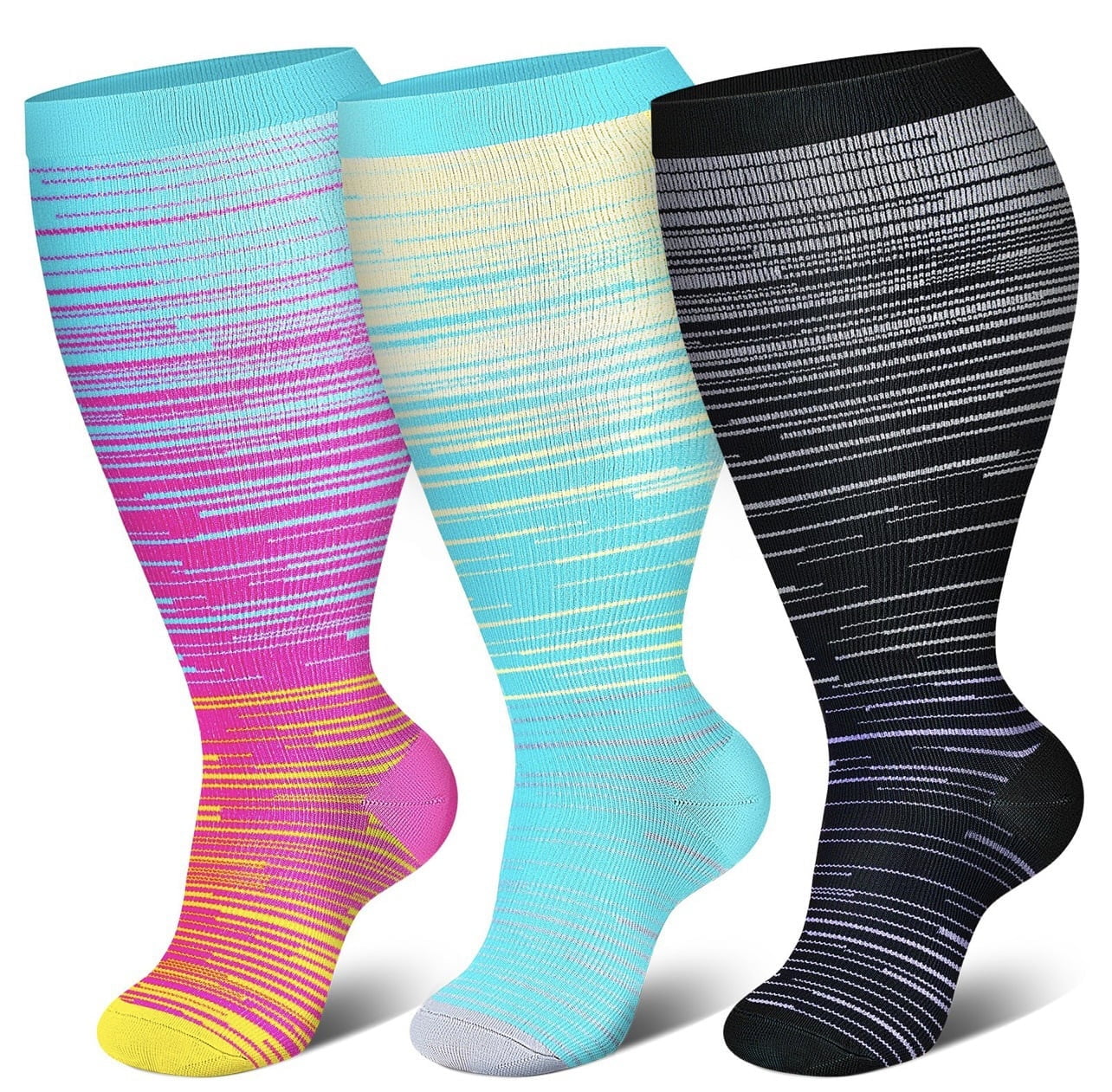 UZMOG 3 Pack Plus Size Compression Socks for Women & Men, Extra Wide Calf Knee High Stockings for Circulation Support