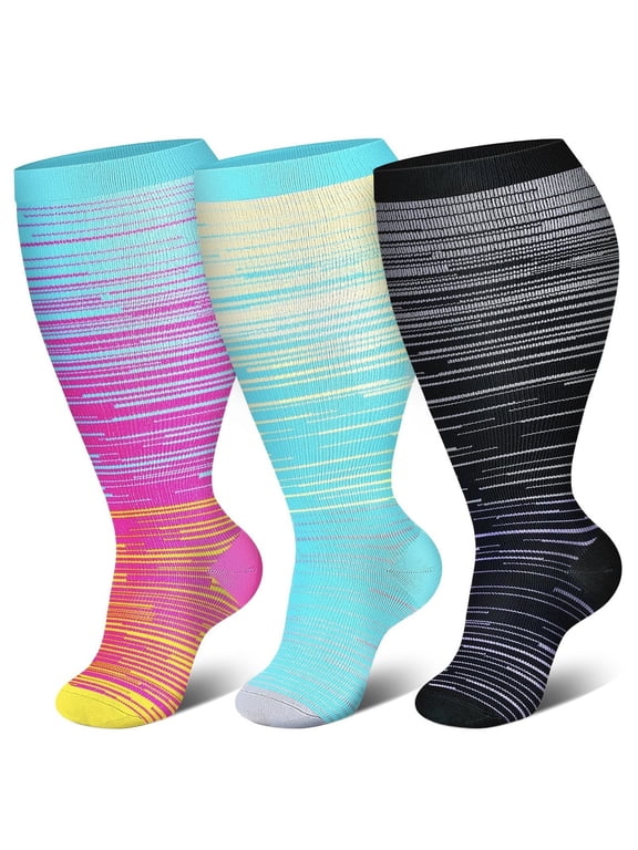 3 Pack Plus Size Compression Socks for Women & Men, Extra Wide Compression Socks Calf Knee High Stockings