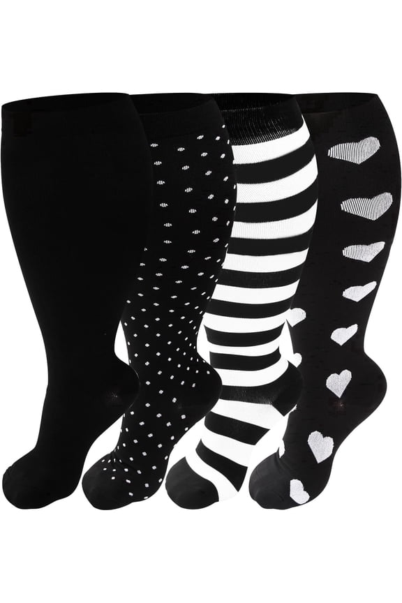 4 Pack Plus Size Compression Socks for Women & Men, Extra Wide Compression Socks Calf Knee High Stockings