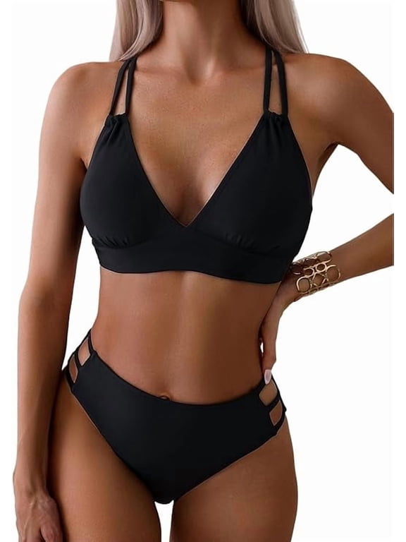 Bikini Sets for Women, Swimsuit for Women Push Up V Neck Bathing Suit Cross Back Two Piece Swim Suits for Women, Black