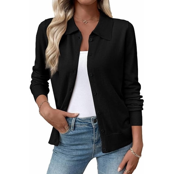 UZMOG Cardigan Sweaters for Women, Lightweight Trendy Long Sleeve Lapel Collar Button Down Sweater Cardigans, Black