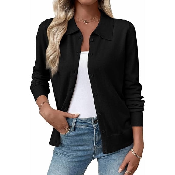UZMOG Cardigan Sweaters for Women, Lightweight Trendy Long Sleeve Lapel Collar Button Down Sweater Cardigans, Black