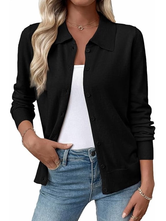 Cardigan Sweaters for Women, Lightweight Trendy Long Sleeve Lapel Collar Button Down Sweater Cardigans, Black