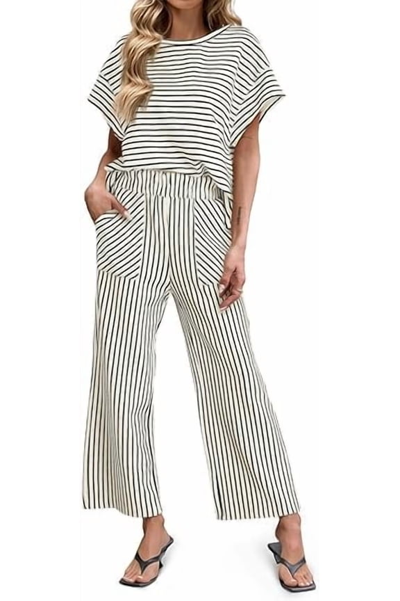 Lounge Sets for Women, Striped 2 Piece Pajamas for Women Set Short Sleeve T Shirts Wide Leg Pants Matching Lounge Set with Pockets