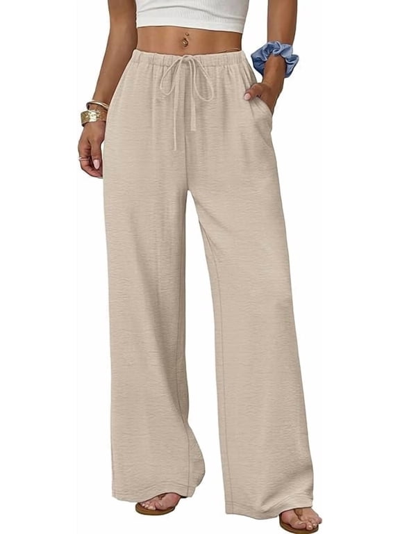 Palazzo Pants for Women, Wide Leg Pants with Pockets Woman Flowy Baggy Pants Drawstring Elastic Waist Suits for Women Dressy