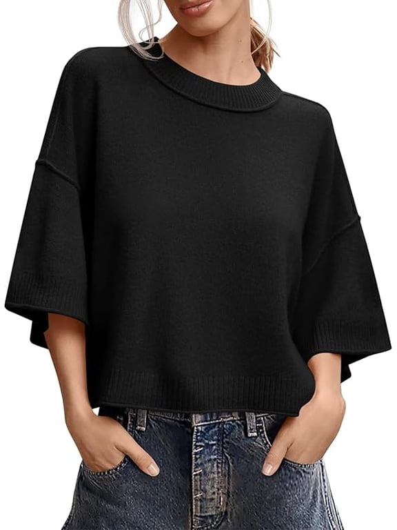 Short Sleeve Sweater for Women, Women's Sweaters Oversized Cropped Sweaters Casual Crewneck Lightweight Knit Tops