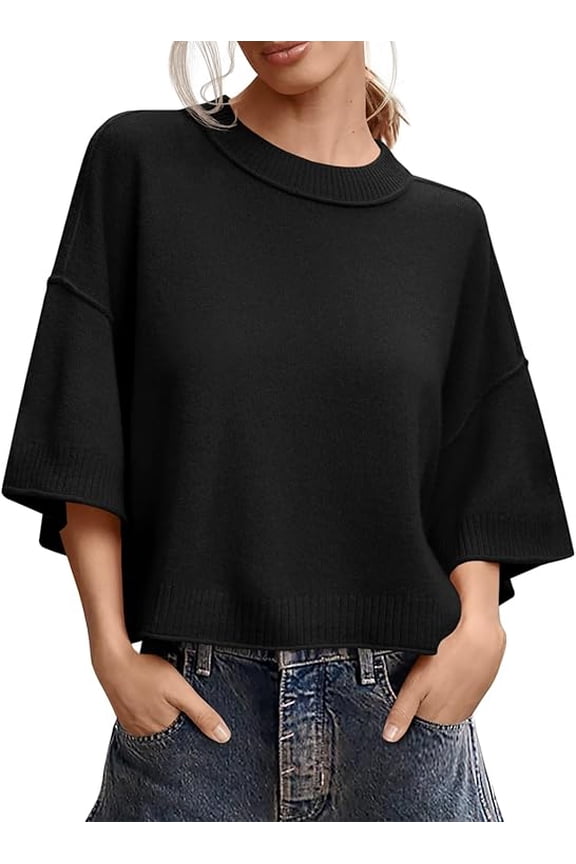 Short Sleeve Sweater for Women, Women's Sweaters Oversized Cropped Sweaters Casual Crewneck Lightweight Knit Tops