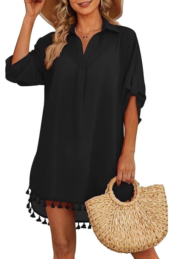 Swimsuit Coverup for Women, Beach Shirt Dresses Vacation Clothes for Women Bathing Suit Cover Ups for Swimwear Black