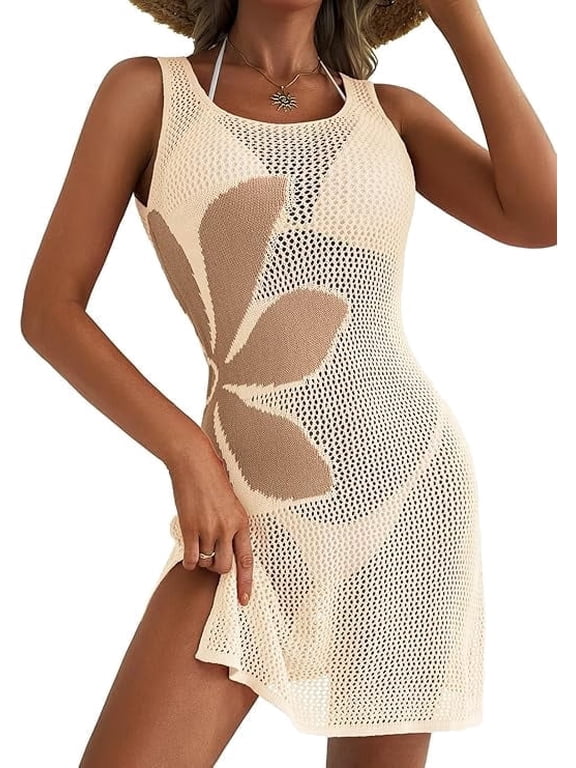 Swimsuit Coverup for Women, Crochet Beach Floral Hollow Out Slit for Women Bathing Suit Cover Ups for Swimwear