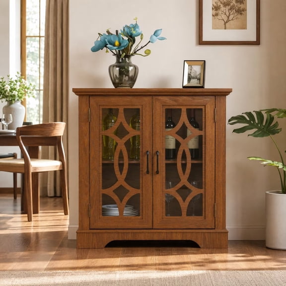 UZUGUL 2-Door Cherry Glass Sideboard, Diamond Pattern, Adjustable Shelves, Anti-Tip, for Small Space Dining