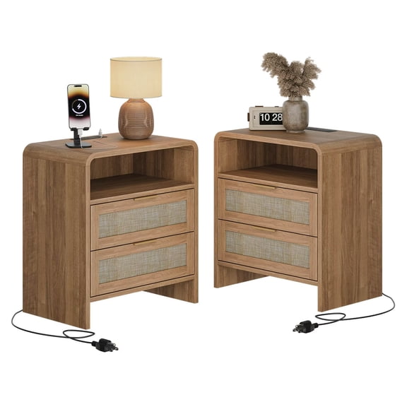 UZUGUL 2-Pack Caramel Arc Rattan Nightstand, 2 Drawers + Open Shelf, Charging Station (2AC+USB+Type-C)