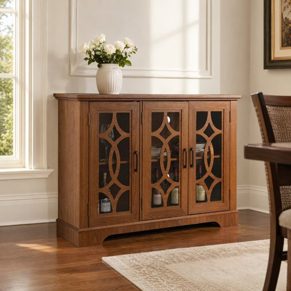 UZUGUL 3-Door Cherry Glass Sideboard, Diamond Pattern, Adjustable Shelves, Anti-Tip, for Dining Room Kitchen