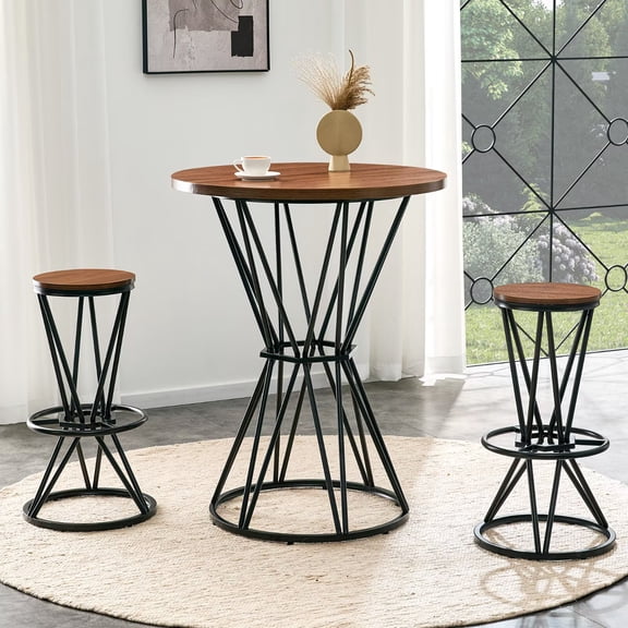 UZUGUL 3-Piece Walnut Pub Table Set, Round Bistro Table + 2 Chairs, Footrest, Anti-Slip Pads, for Home Bar Balcony