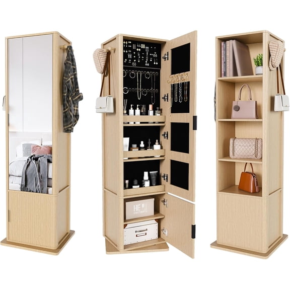 UZUGUL 360  Jewelry Armoire with Full Length Mirror, Jewelry Cabinet with Standing Coat Rack, 4-Tier Shelves and Velvet Lining,Gift for Women,  Wood
