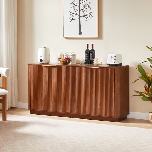 UZUGUL 4-Door Walnut Sideboard, Arc Wave Fluted, Gold Pulls, MDF, TV Stand Credenza, for Kitchen Hallway