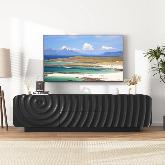 UZUGUL 58.3" Arc Wave Ripple TV Stand Black, 2 Drawers & 2 Cabinets, Water Spiral Pattern, Cable Holes, Round Corners
