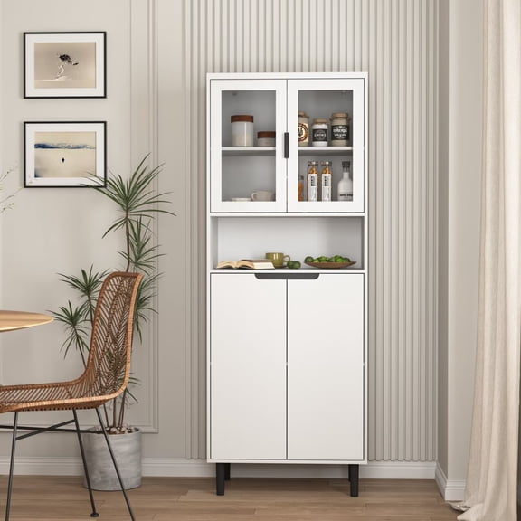 UZUGUL White Display Cabinet, 4 Glass Doors, Adjustable Shelves, Painted Finish, Anti-Tip, for Living Room Kitchen