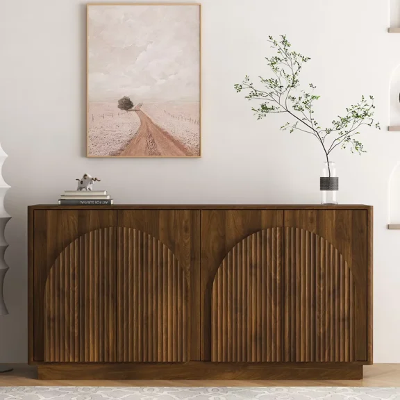 UZUGUL 64" Walnut Buffet Cabinet, Arch Louver Doors, Handle-less, MDF, Adjustable Shelves, for Living Room Kitchen