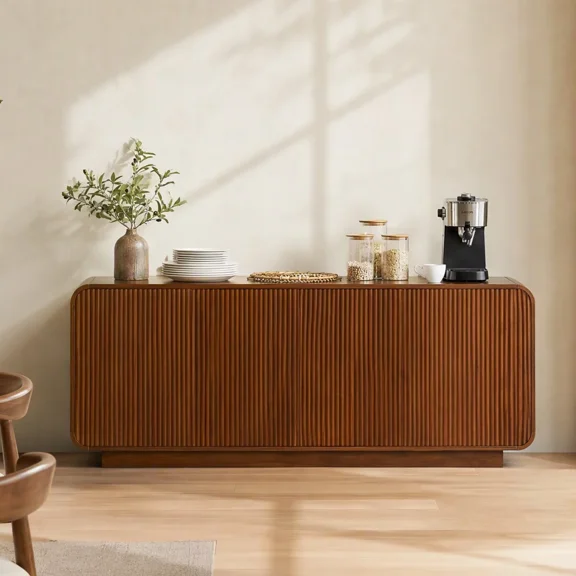 UZUGUL 64" Walnut Buffet Cabinet, Vertical Fluted, Soft-Close Push Doors, for Kitchen Entryway Hallway