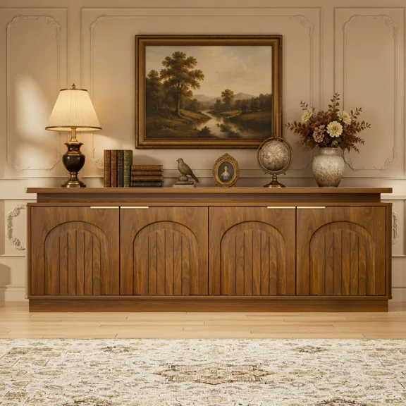 UZUGUL 65" Walnut Mid-Century TV Stand, Arch Fluted Doors, Gold Handles, Remote Lighting, for Living Room