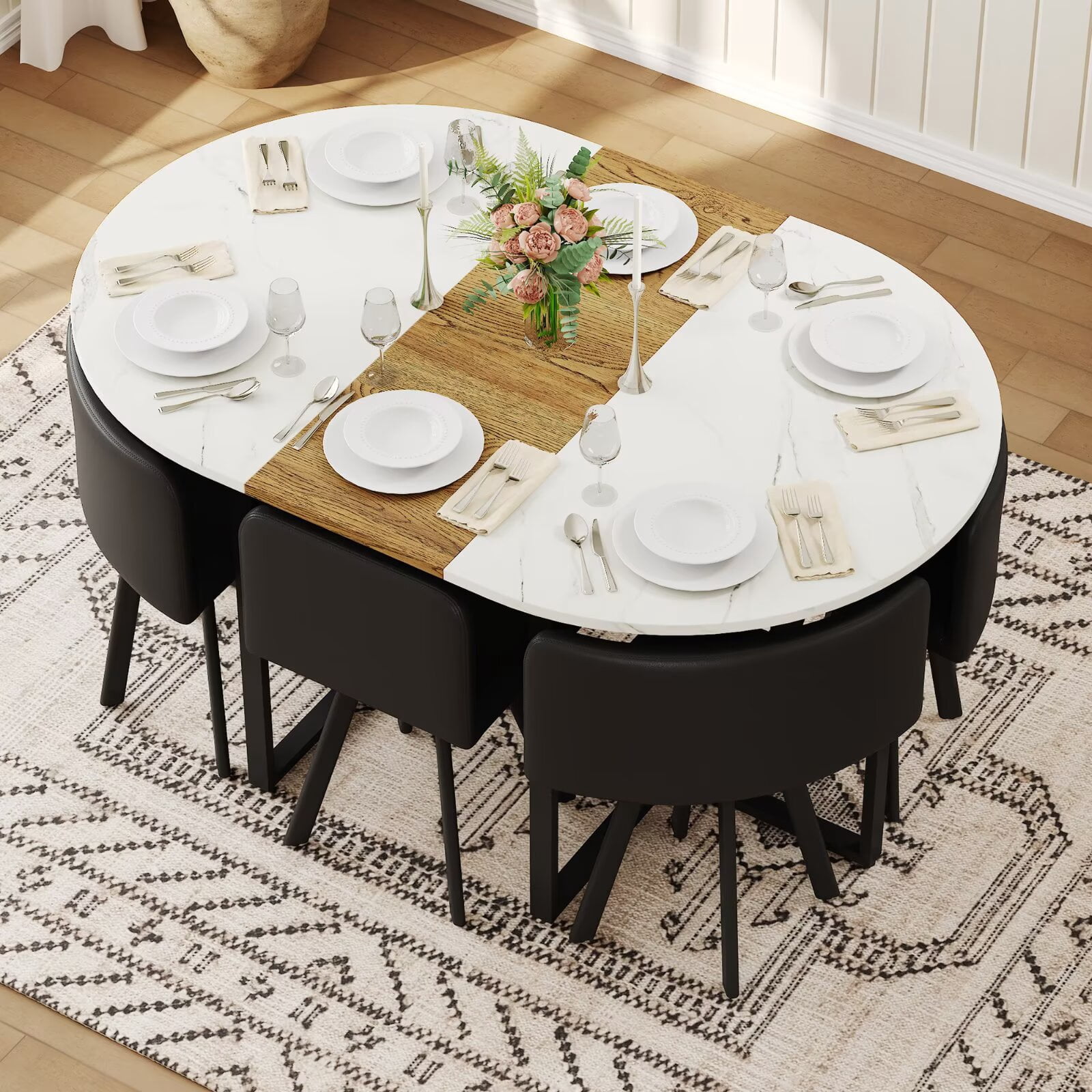 UZUGUL 7-Piece Oval Kitchen Table Set with 6 Black Chairs White Marble Sides + Middle Wood Grain, Sturdy Metal Frame, Ships in 3 Packages