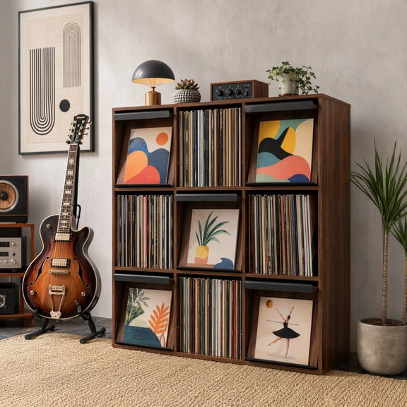 UZUGUL 9-Cube Walnut Storage Bookcase, 3×3 Cubby with Flip Doors, Magazine Display Slots, for Living Room Office