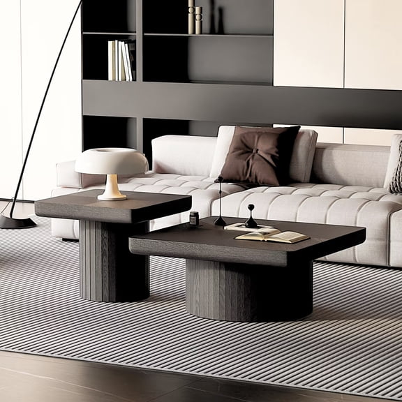 UZUGUL All Black Nesting Coffee Table, Square Fluted Bases, 2-Piece Set, Stackable, for Modern Living Room