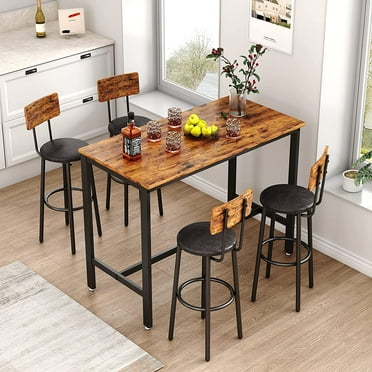 UZUGUL Bar Table Set for 4 with 4 PU Upholstered Stools, Pub Bistro Dinning Table and Stools with Backrest, Counter Height Bar Table Set for Apartment, Kitchen, Small Space