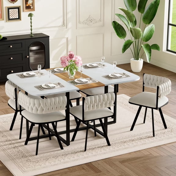 UZUGUL Beige Braided Rope Chairs with White Marble Sides & Vertical Wood Center Table 7-Piece Oval Set for Small Homes