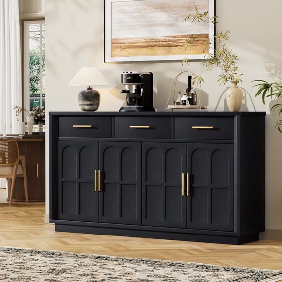 UZUGUL Sideboard Mid-Century Black 4-Door 3-Drawer Gold Handles Adjustable Shelves 59-Inch